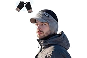 Windproof Thermal Cap with Visor, Men's Winter Knitted Earflap Hat with Brim and Ear Flaps,Stay Warm & Stylish
