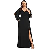 Ever-Pretty Long Sleeve Formal Dress for Curvy Women Elegant V Neck Chiffon Long Plus Size Bridesmaid Mother of Bride Dresses