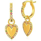 JNONL Dainty 14K Gold Plated Cubic Zirconia Heart Small Hoop Earrings Charm Mini Sparkly Colorful Crystal Love Heart Dangle Drop Huggie Earrings for Women
