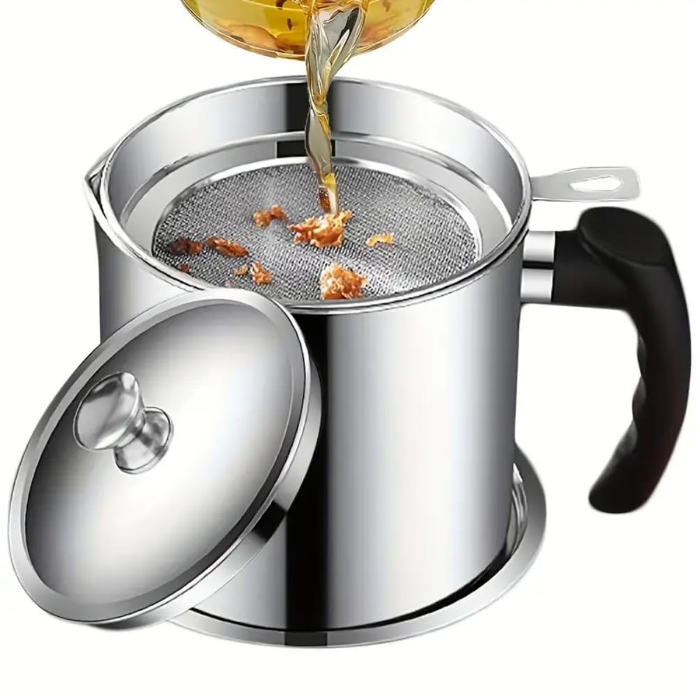 Photo 1 of Komost Bacon Grease Container with Strainer & Lid, 43oz Stainless Steel Grease Saver for Kitchen, Leakproof Oil Keeper with Non-Slip Handle, Fry Fat Storage Organizer for Cooking Oil/Grease