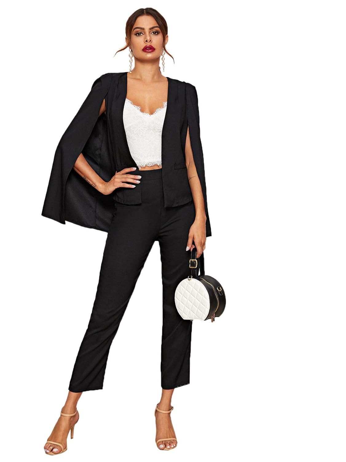 MAKEMECHIC Women's Solid 2 Piece Outfits Open Front Cape Blazer and Pants Sets Suit Black XL