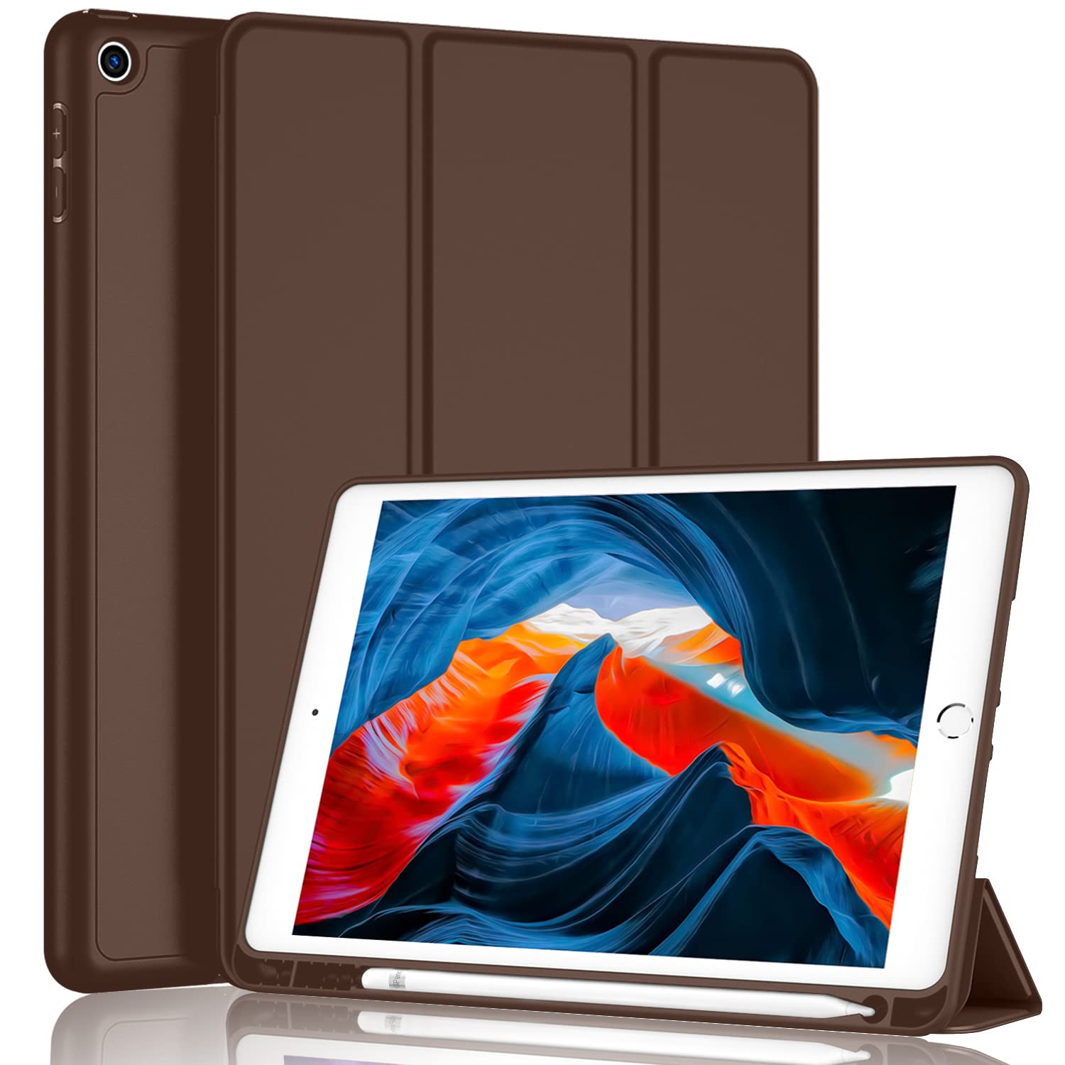 Photo 1 of iMieet iPad 9th Generation Case 2021/iPad 8th Generation Case 2020 10.2 Inch with Pencil Holder, iPad 7th Gen 2019 Case with Soft Baby Skin Silicone Back, Auto Wake/Sleep Cover (Chocolate)