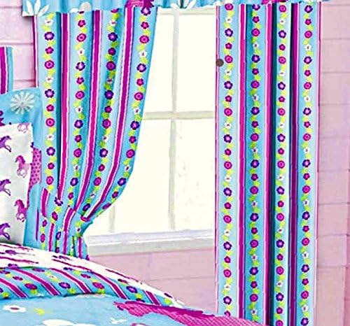 Girls Turquoise Blue & Pink Stripe Floral Pony Horse Window Drapery Set (2-Panels w/2-Tiebacks) 84" X 84"