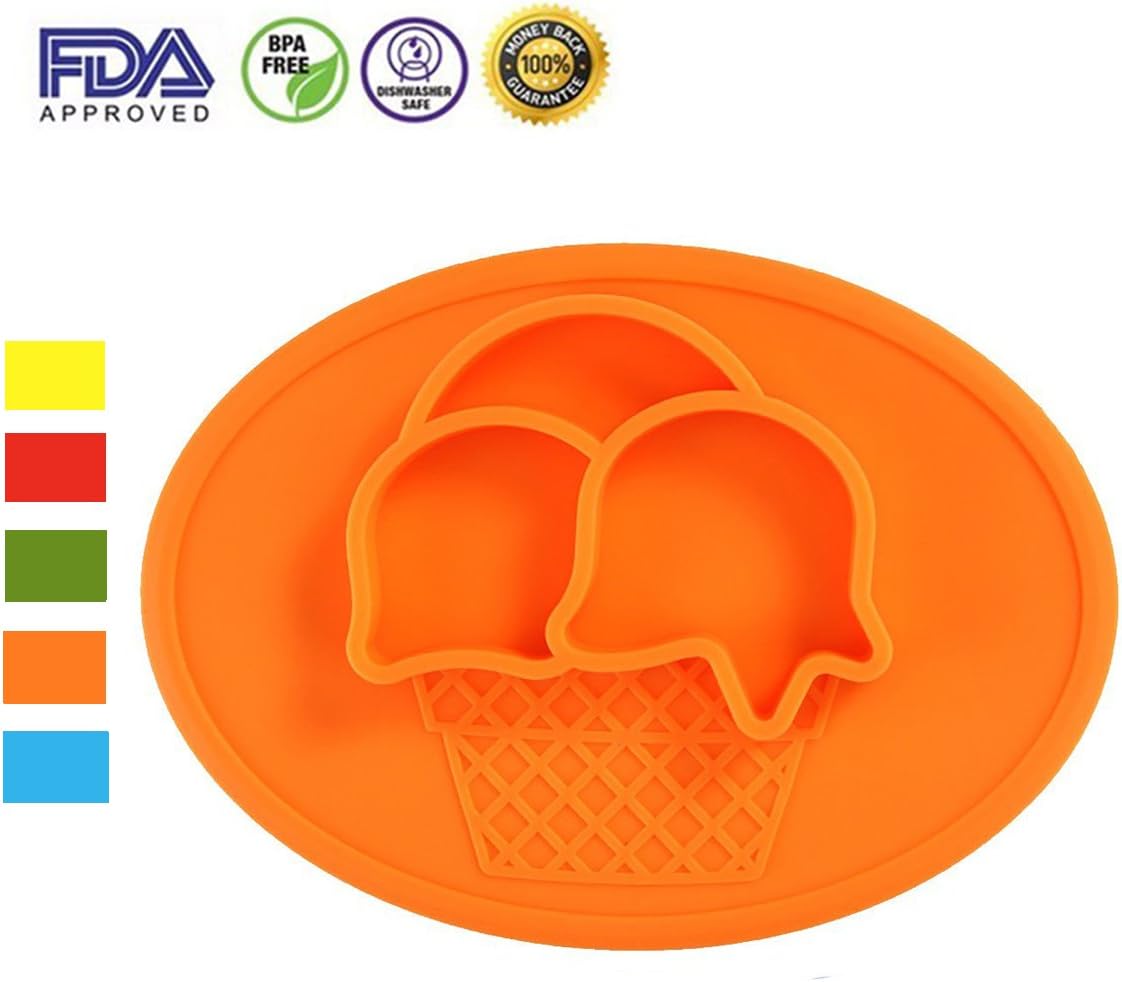 One-piece Silicone Placemat,Highchair and Travel Feeding Tray Portable Baby Suction Placemat Silicone Divided Plate Baby Weaning Food Plate Age 6 Months+,Orange Icecream