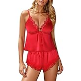 Kolagri Sexy Satin Pajama Set for Women Lace Lingerie Bow Ties Slip Sleepwear Cami Shorts Set Nightwear S-XXL
