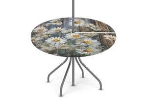 Pardick Round Fitted Tablecloth with Umbrella Hole Wooden Retro Daisy Outdoor Tablecloth Waterproof Umbrella Table Cloth Zippered Tablecloth 36""-44"" Round Elastic Table Cover for Patio