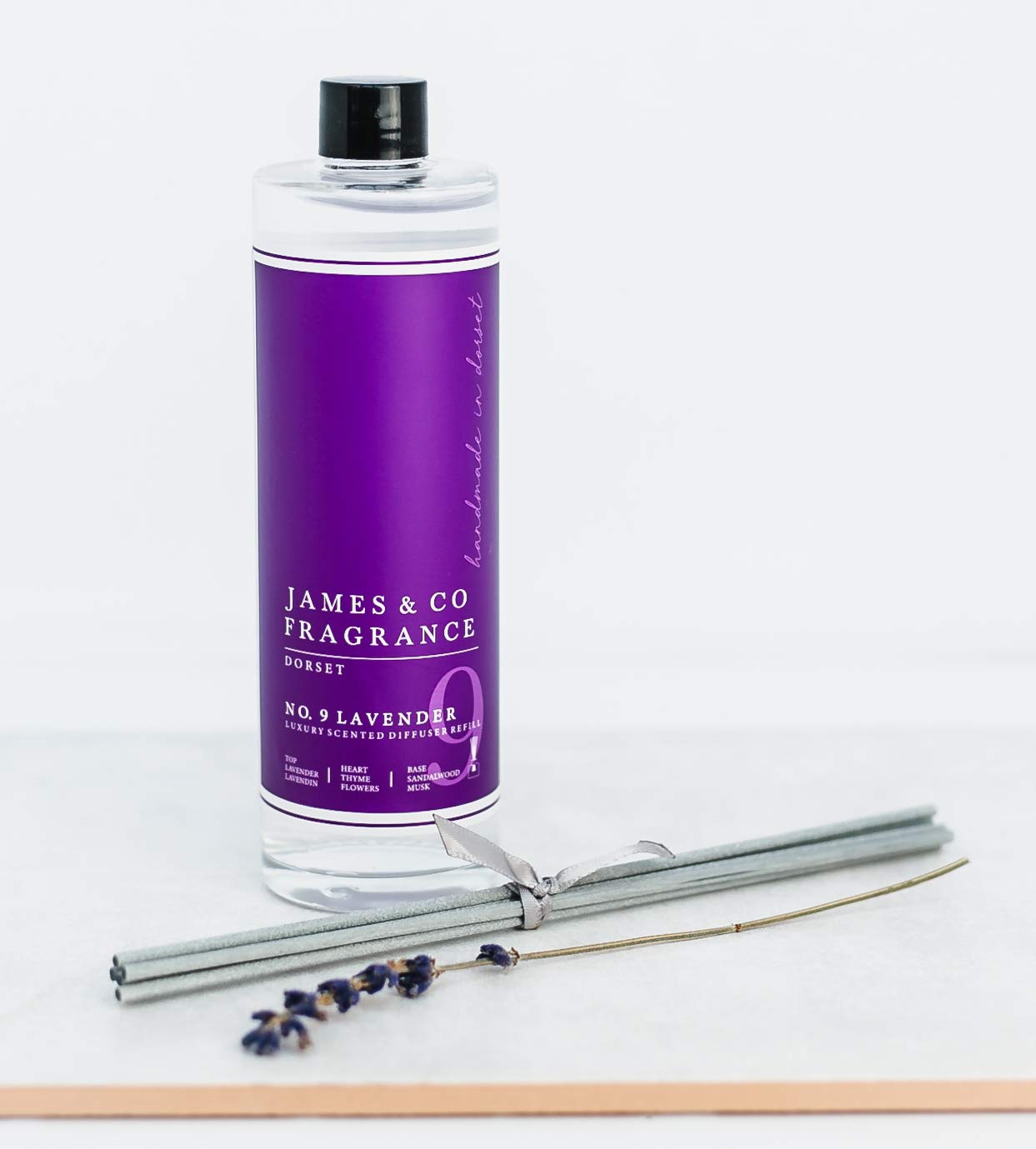 James & Co No.9 Lavender (Lavender & Rose) 200ml Reed Diffuser Refill Bottle with 6 Fibre Reeds