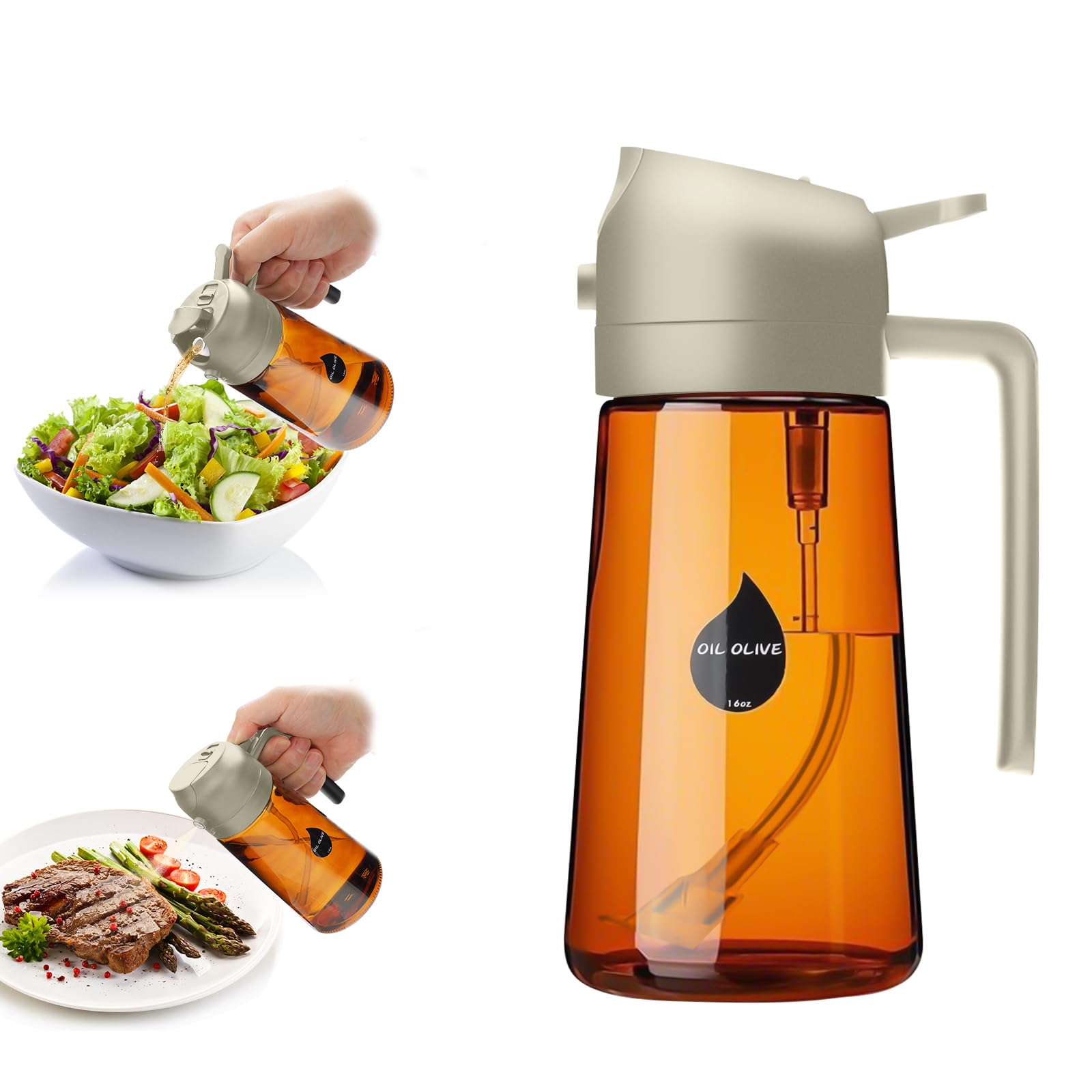 Photo 1 of 2 in 1 Oil Sprayer for Cooking, Olive Oil Dispenser Bottle for Kitchen Spray and Pour, 16oz/470ml Light-Blocking Dark Amber Glass Brown Bottle, Food-Grade Oil Mister for Air Fryer Cream Cap