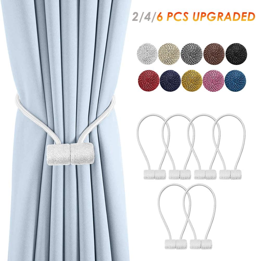 Remunkia Magnetic Curtain Holdbacks Drapery Tiebacks: 6Pack 16 Inch Tie Backs Holdback for Blackout Sheer Window Treatment, White, Upgrade