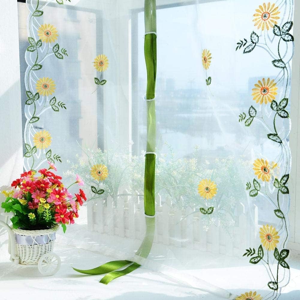 Agatige White Sheer Curtains, Modern Bedroom Curtains Sunflower Embroidery Tulle Lifting Sheer Curtains Privacy Sheer Curtains Voile Curtains for Living Room,Bedroom, Window Panel(80 x 150cm)
