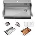 KRAUS KWT310-33/18 Kore Workstation 33-inch Drop-In 18 Gauge Single Bowl Stainless Steel Kitchen Sink with Integrated Ledge and Accessories