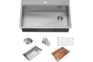 KRAUS KWT310-33/18 Kore Workstation 33-inch Drop-In 18 Gauge Single Bowl Stainless Steel Kitchen Sink with Integrated Ledge and Accessories