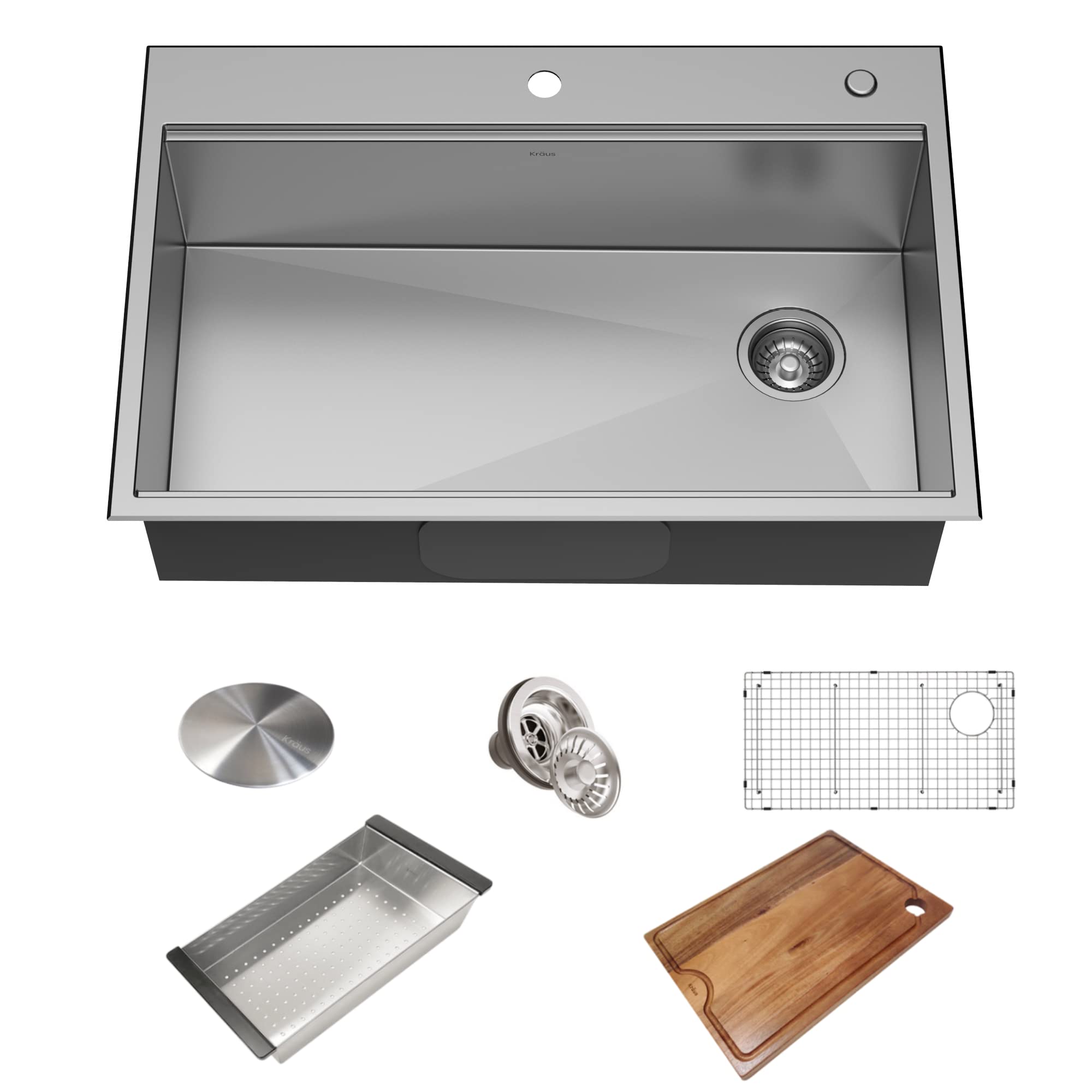 Photo 1 of KRAUS KWT310-33/18 Kore Workstation 33-inch Drop-In 18 Gauge Single Bowl Stainless Steel Kitchen Sink with Integrated Ledge and Accessories