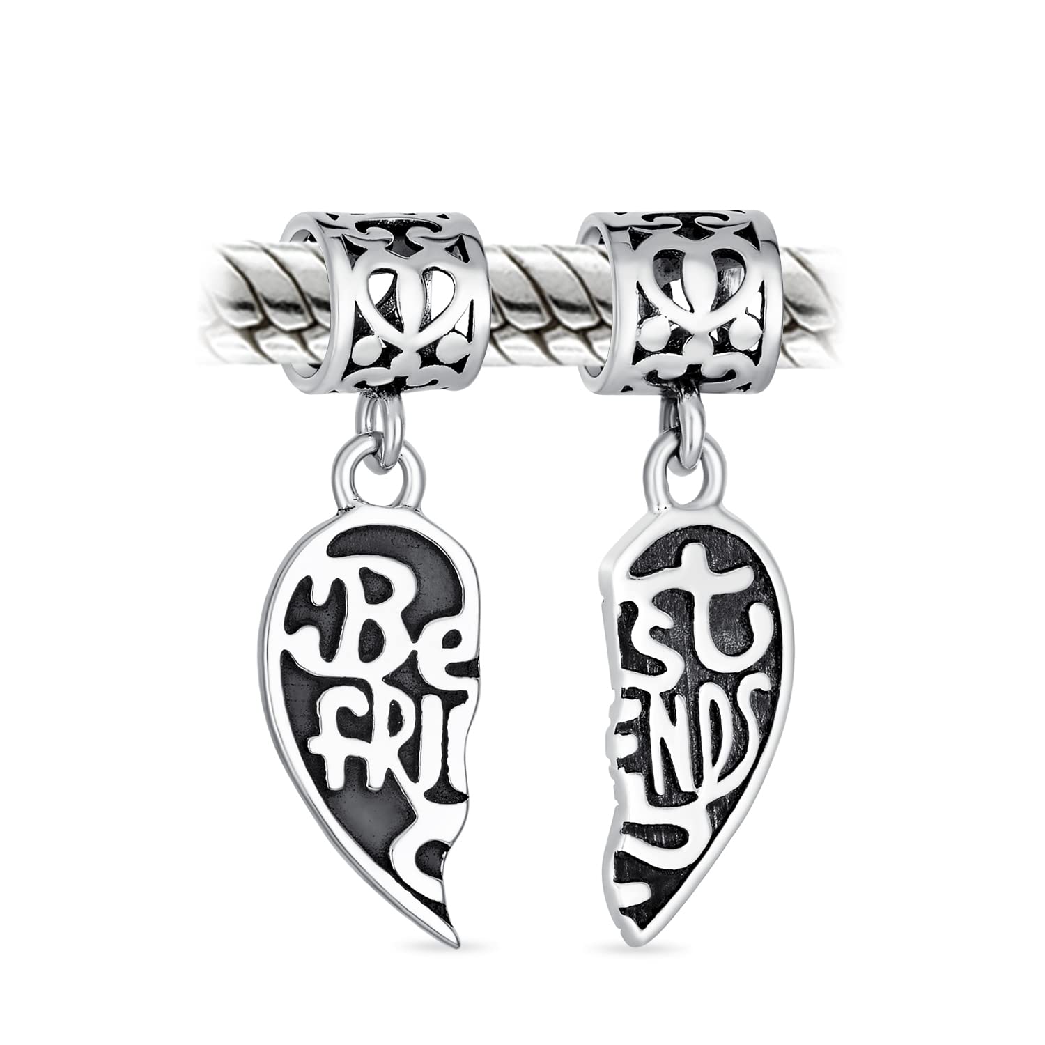 Bling Jewelry BFF Forever Words Best Friends Puzzle Two Piece Split Heart Shape Dangle Bead Charm Oxidized .925 Sterling Silver Fits European Bracelet