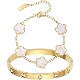 MIFKUD 2Pcs Clover Bracelet Set for Women 18K Gold Plated Four Leaf Clover Bracelet Love Bangle Bracelet Stack Lucky Bracelets Gold Link Bracelets Trendy Jewelry Gift for Women Birthday Christmas