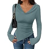 ZESICA Women's Long Sleeve Cowl Neck Shirts Slim Fit Going Out Y2k Tops Blouses 2026 Spring Outfits Fashion Clothes