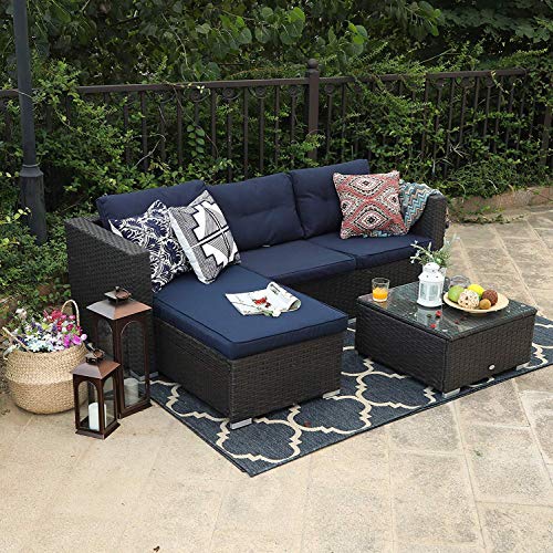 PHI VILLA Patio Sofa Set,3 Pieces AllWeather Upgrade Wicker Outdoor Sectional Sofa,LShaped