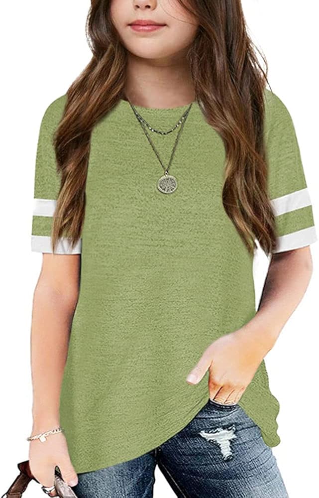 Batermoon Girl's Striped Short Sleeve T Shirts Crewneck Loose Fit Tunic Tops Summer Casual Blouses: Clothing