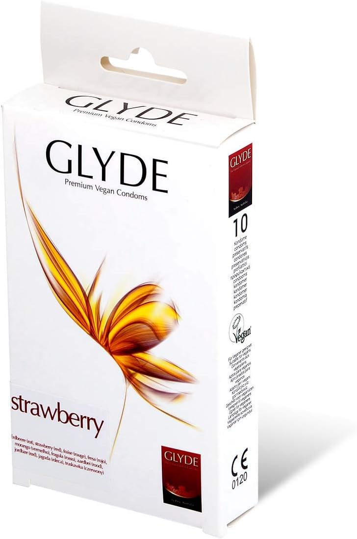 Glyde Ultra Strawberry 10 red Condoms with Strawberry Flavour, Certified with The Vegan Flower, 1 count (Pack of 10)