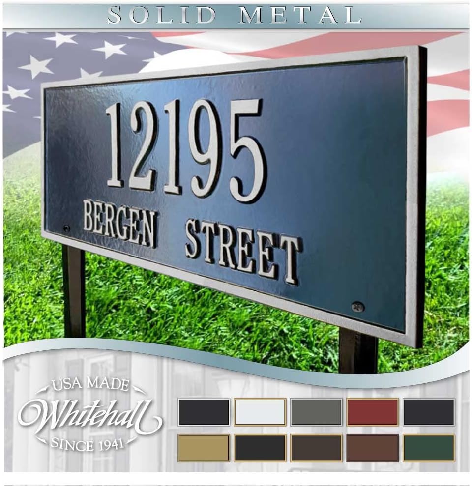Plaques & Wall Art - Whitehall™ Personalized Cast Metal Address plaque - LAWN MOUNTED Hartford Plaque. Made in the USA. BEWARE OF IMPORT IMITATIONS. Display your address and street name. Custom house number sign.