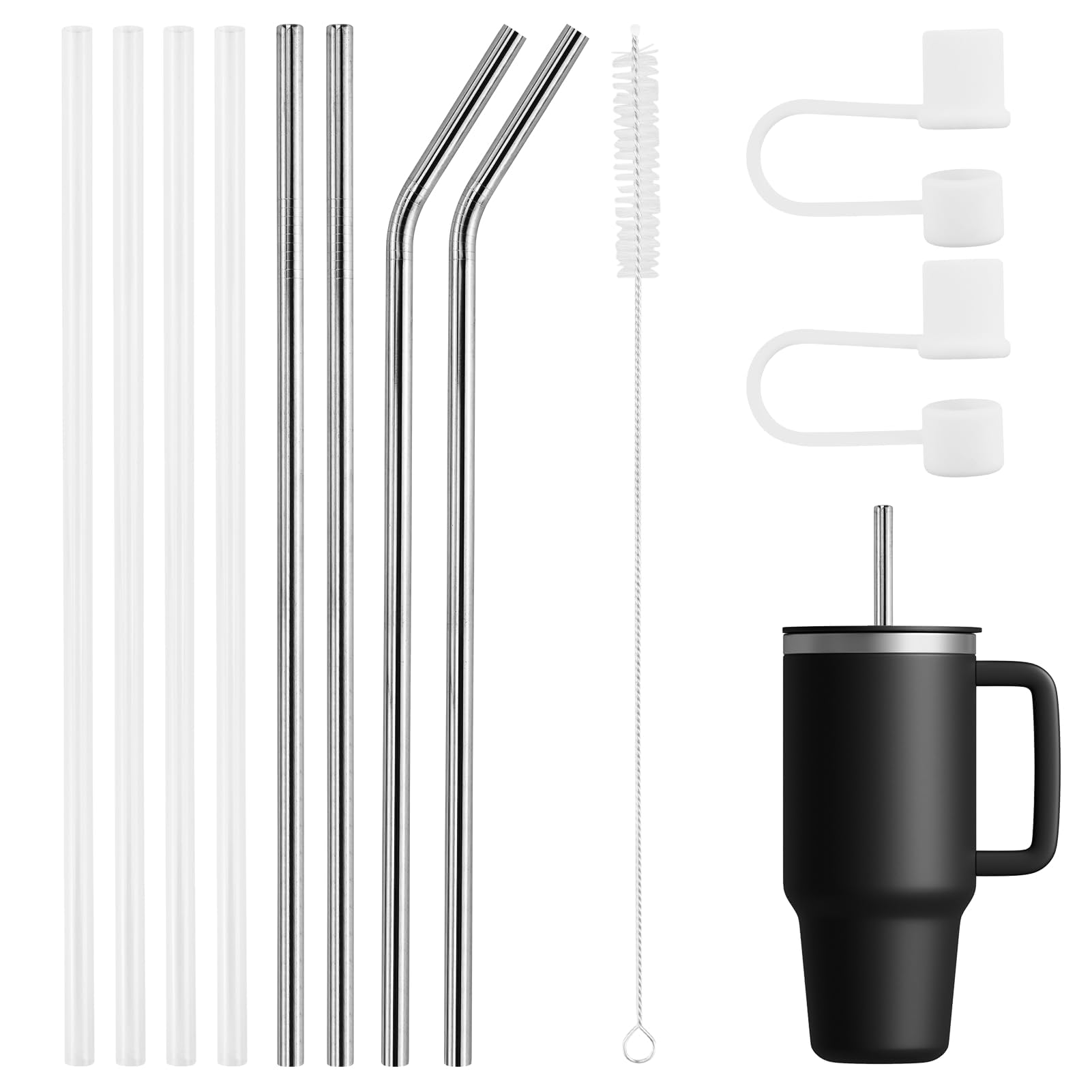 9 Pack Plastic Straws Stainless Steel Replacement Straws,40oz Cup Straw with 2 Straw Covers and A Cleaning Brush,for Coffee Smoothie Cocktail Milkshake and Cold Warm Drinks