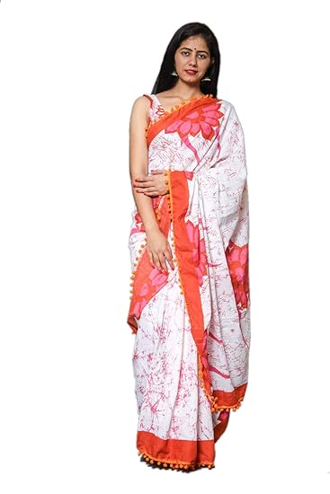 Multicolored Cotton Hand Block Printed Saree With Blouse