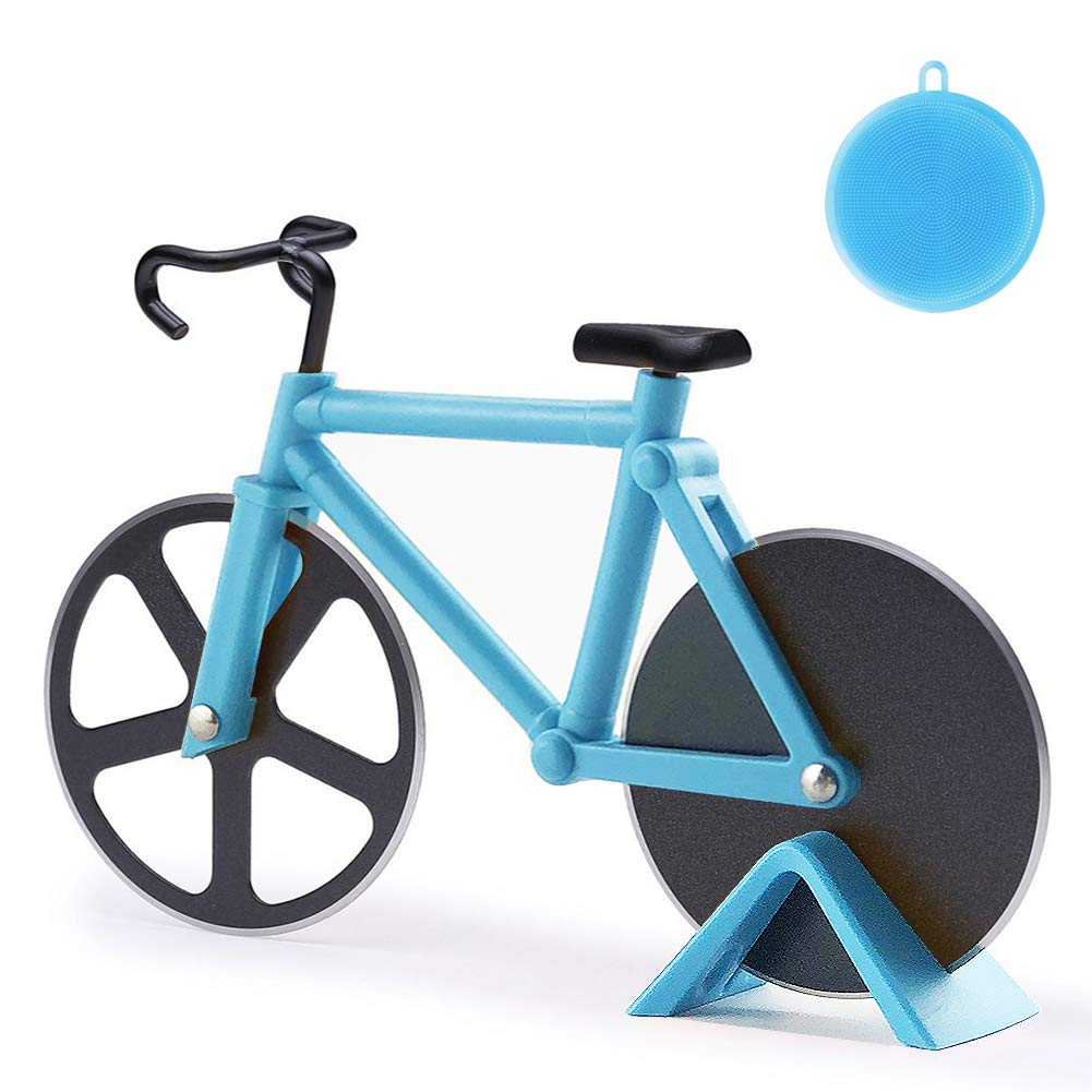Bicycle Pizza Cutter, Bike Pizza Cutter Stainless Steel Pizza Wheel Slicer, Dual Pizza Knife Super Sharp Blades with Non-Stick Coating & Kickstand, Kitchen Gadgets Party Supplies, Blue