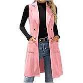 Womens Faux Suede Long Vest Notch Lapel Double Breasted Blazer Jacket Sleeveless Trench Coat with Pockets