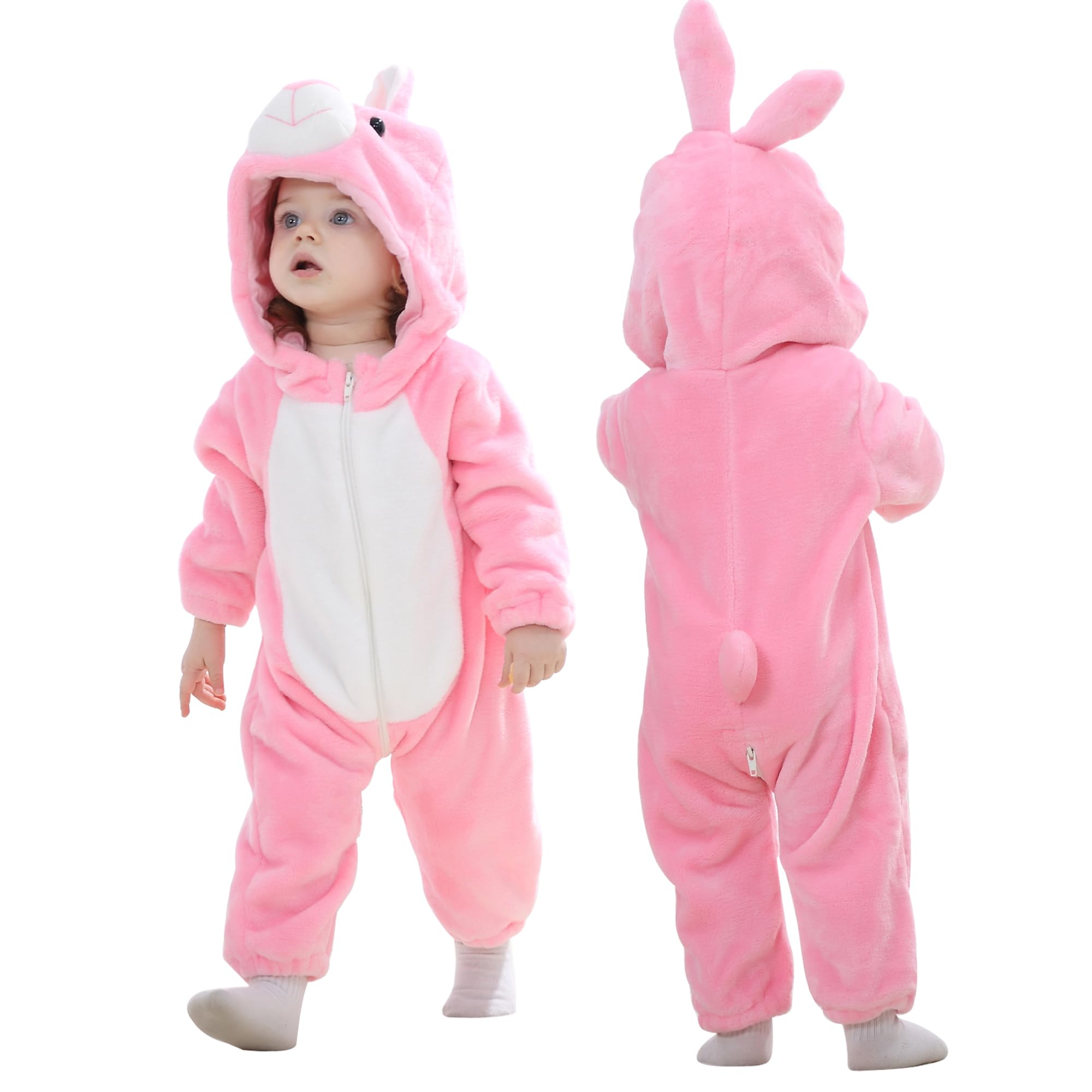 COOKY.D Infant Hooded Baby Rompers Animal Jumpsuit Soft Flannel Winter Cosplay Costume for Baby Girls Boys, 6-12 Months, Rabbit