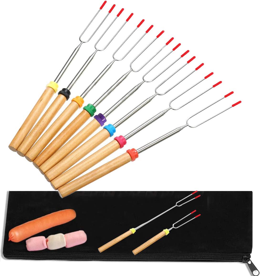 DUPOINT Marshmallow Roasting Smores Stainless Steel Sticks with Wooden Handle for Campfire Fire Pit Cooking, 32 Inch Extendable Portable Forks for BBQ, Kid Friendly, 8 Pcs