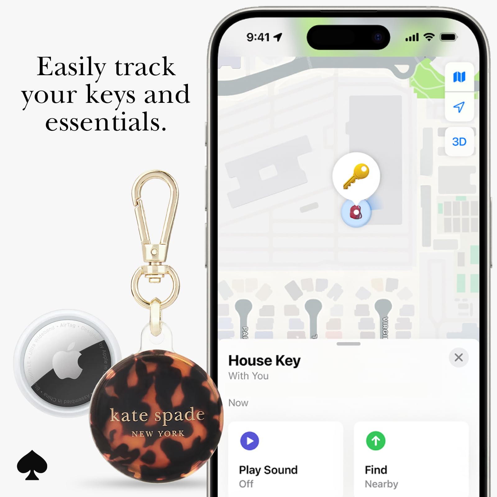 Kate Spade New York AirTag Holder with Gold Ring Clip - Protective Case for Apple AirTag - Tortoiseshell
