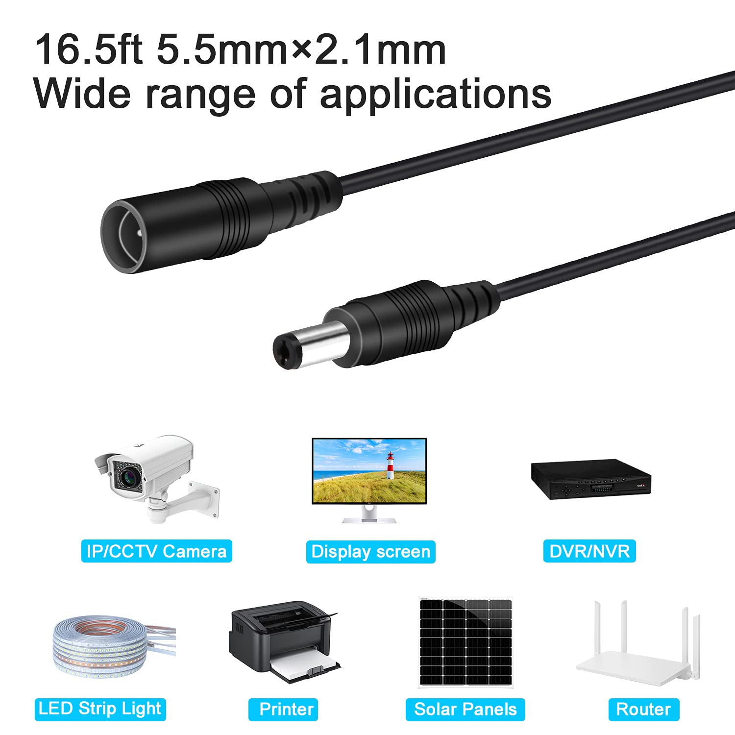 DC Power Extension Cable 16.5ft 2.1mm x 5.5mm Compatible with 12V DC Adapter Cord for CCTV Security Camera IP Camera Standalone DVR (5.5mm DC Plug 16.5ft Black)