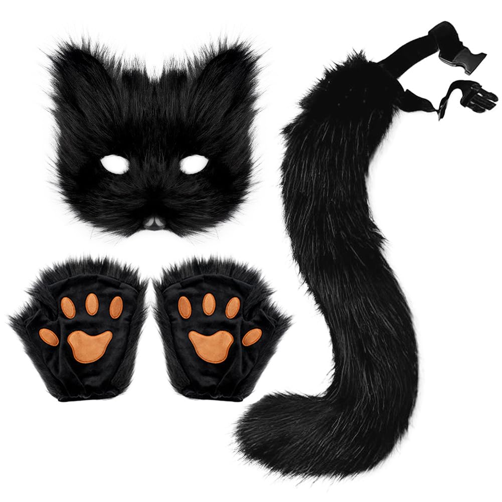 DRESHOW Faux Fur Fox Tail Fluffy Cat Wolf Cosplay Costume Plush Mask Paw Gloves Set Halloween Christmas Party for Women — image 1