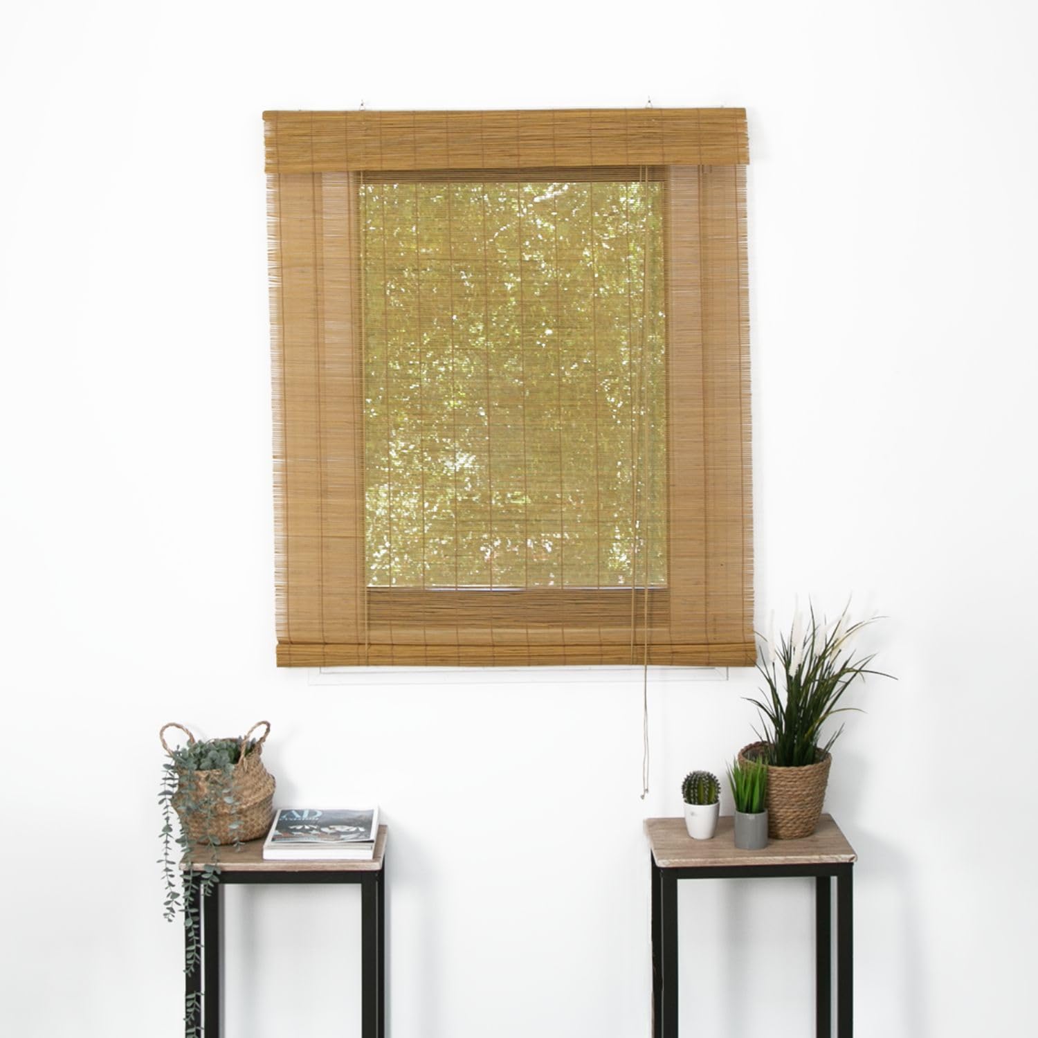 madecostore Roll'Up Roller Blind - Bamboo - Caramel - Length 123 x Height 180 cm - Mounting with Drilling - Wood Blind