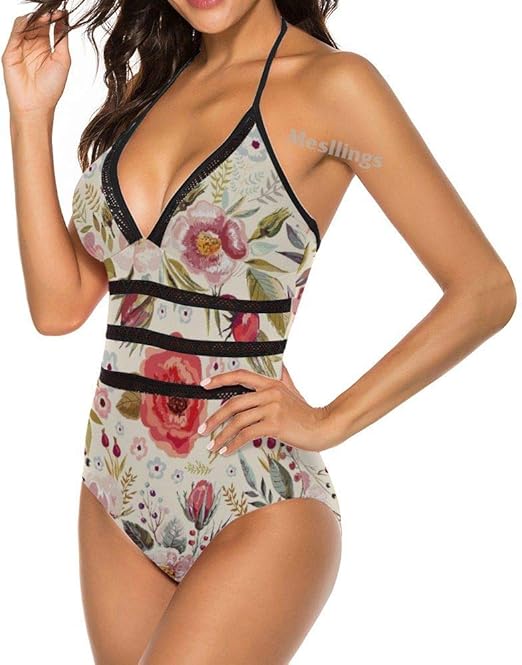 Mesllings Traje de baño de una pieza sin costuras con fondo floral a la