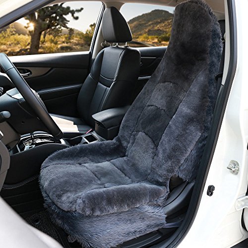 Leader Accessories 1pcs Auto Front High Back Genuine Sheepskin Seat Cover for Car,Truck,SUV Gray