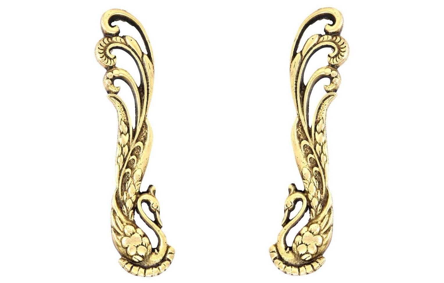 Purpledip Brass Handle Set: Two Gorgeous Peacock Shape Vintage Design Grips for Doors Dresser Cupboard Drawer (11023)