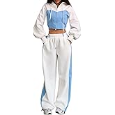 Kwunbwa Women's 2 Piece Outfits Lounge Sweatsuits Denim Patchwork Zip Up Crop Hoodie Baggy Jogger Pant Tracksuit Sets