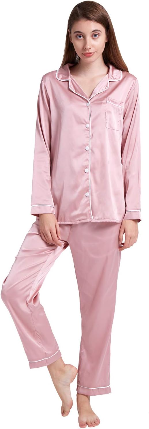 ENIDMIL Pajamas Set for Women Long Sleeve Sleepwear Ladies Silk Satin Loungewear 2pcs PJ Set with Button Down TopShirt (M, Rose)