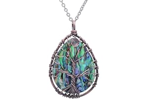 Tree of Life Hand Wrapped Abalone Shell Drop Pendant Necklace for Women