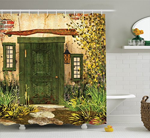 Ambesonne Rustic Decor Collection, Cottage Door Overgrown Bushes Grass Tree Garden Brick Fairytale Countryside Image, Polyester Fabric Bathroom Shower Curtain Set with Hooks, Green Ivory Yellow