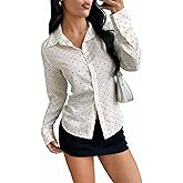 SweatyRocks Women's Polka Dots Button Down Shirt Long Sleeve Slim Fit Collared Shirt Tops