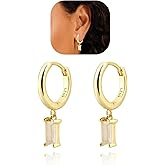 Baguette Drop Huggie Hoop Earrings, Natural Crystal Dangle Drop Earrings, 14K Gold Plated Hypoallergenic Small Hoop Drop Earrings for Women Girls Gifts