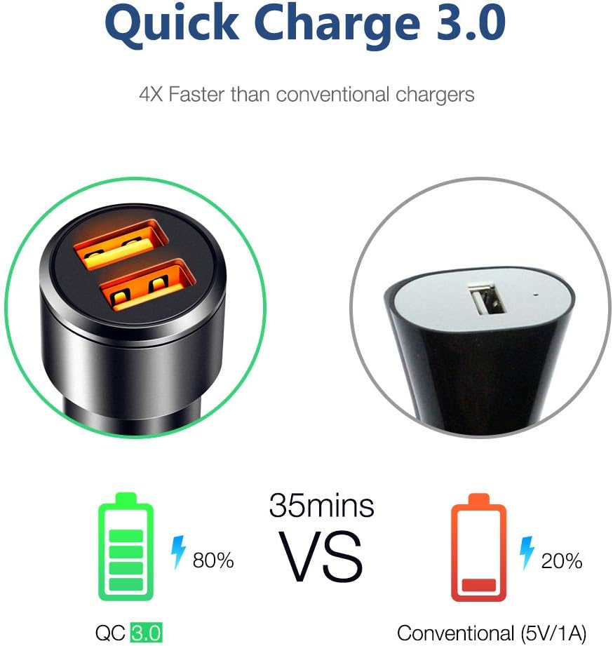 Car Charger, JSAUX Quick Charge 3.0 3A Dual USB Ports 36W Fast Car Adapter Metal Compatible with Samsung Galaxy S10 S9 S8 S20 Plus Note 10 9 8 S7, iPhone Xs Max XR X 8 7 6, iPad, LG G6 V20, Moto Black