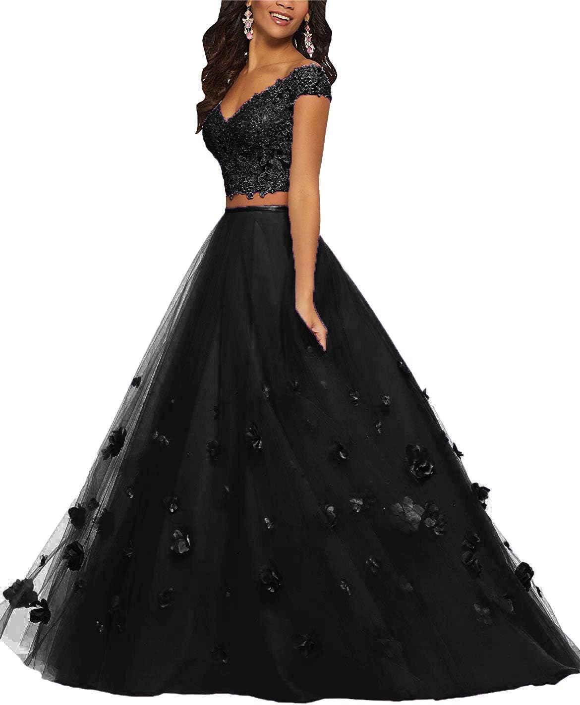 Pettus Women's Two Pieces Lace Prom Dresses Long Sequins Off-The-Shoulder Evening Party Gowns P688