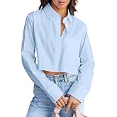 INFITTY Women's Button Down Cropped Shirts Long Sleeve Casual Crop Tops Loose Fit Cotton Lapel Blouse Fall