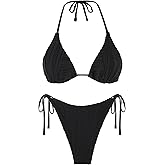 ZAFUL Bikini Sets for Women Halter Two Piece Swimsuit Ribbed High Cut Tie Side Thong Bathing Suit Sexy Padded Swimwear