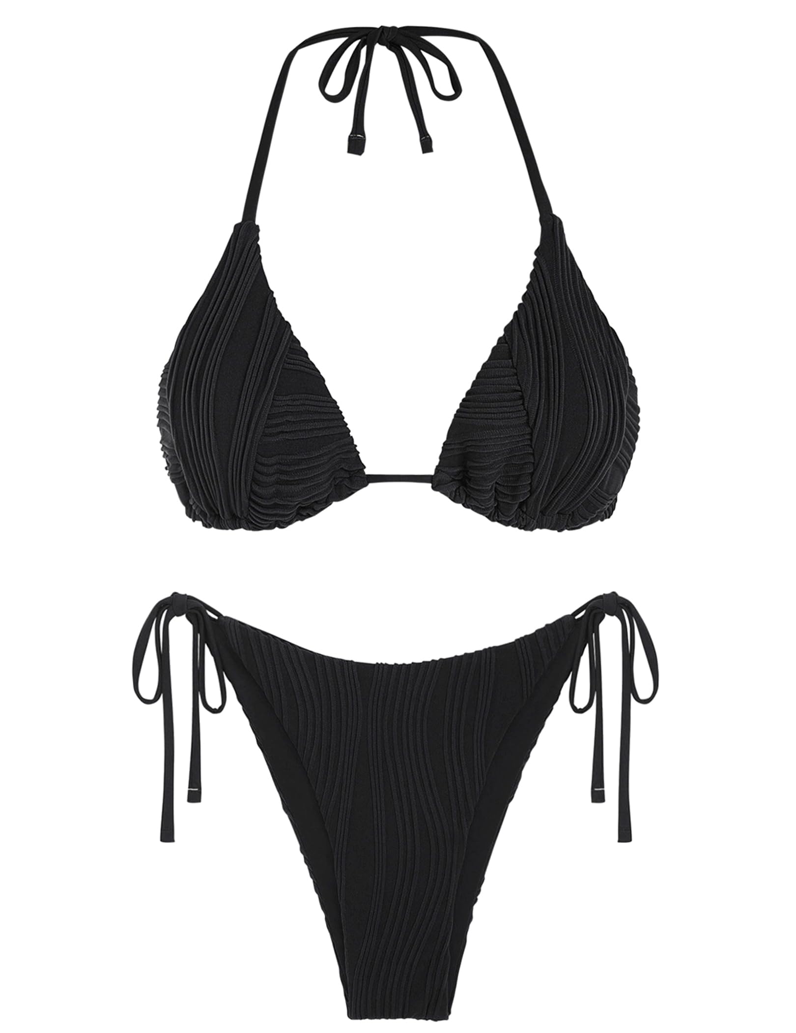 Photo 1 of ZAFUL Women's Halter Bikini Sets Tie Back Two Piece Bathing Suit Cheeky High Cut Low Waisted Thong Swimsuits Black M