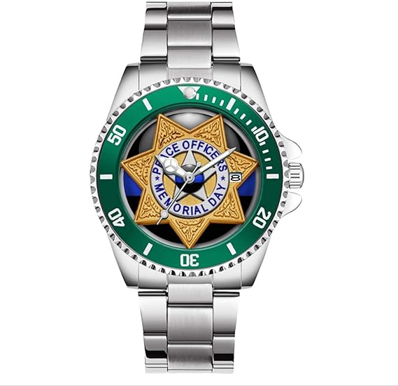 Amazon Co Jp メンズ 警察ファン用 高級腕時計 回転ベゼル クォーツ シルバートーン ステンレススチール 細いブルーライン 副バッジ ブラック グリーン 腕時計