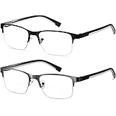 SUNAMOY 2 Pack Metal Clear On Top Bifocal Reading Glasses Men, Half Frame Spring Hinge Computer Blue Light Bifocals Readers
